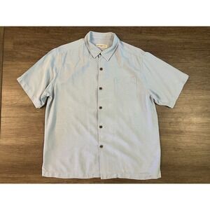 Tommy Bahama Mens Shirt Large Blue Silk Short Sleeve Textured Front Pocket F21